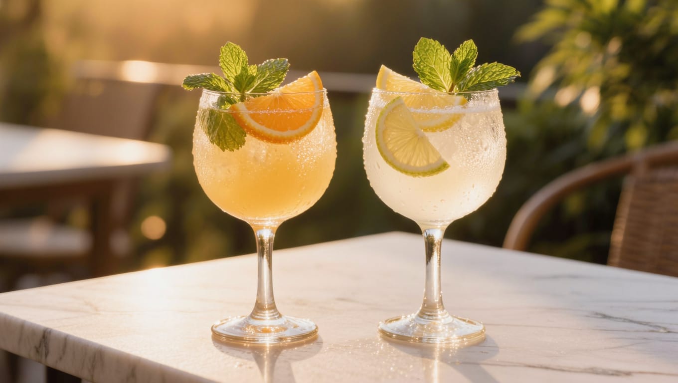 Une table de marbre en terrasse ensoleillée avec des cocktails givrés, de la menthe fraîche et des agrumes, baignés d'une lumière dorée