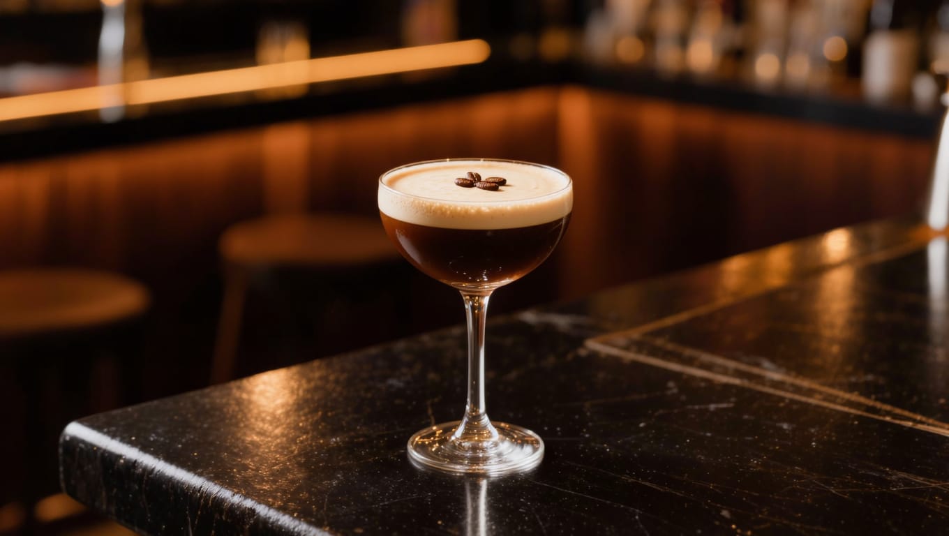 Un Espresso Martini couronné de mousse et de trois grains de café, sur un bar new-yorkais tamisé la nuit