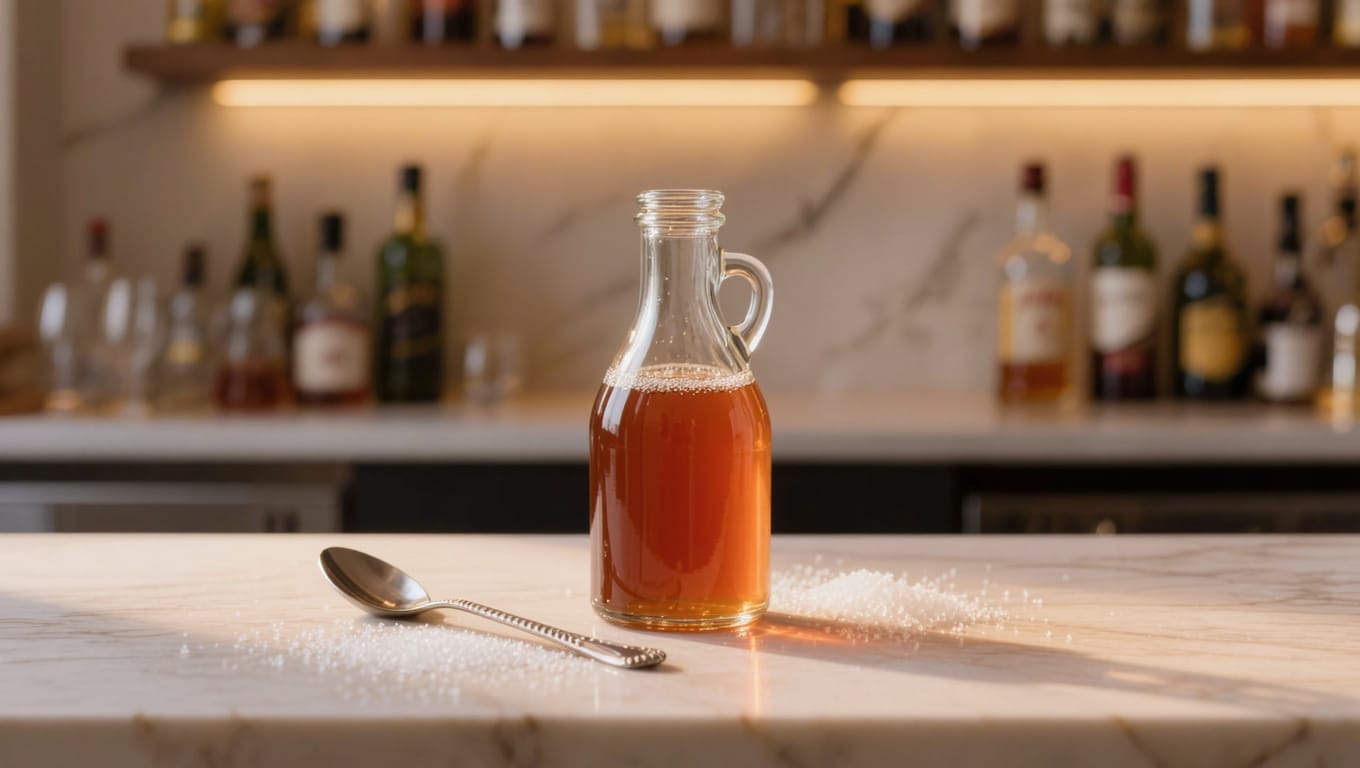 Une bouteille de sirop maison et une cuillère sur un plan de travail en marbre clair, ambiance bar feutré